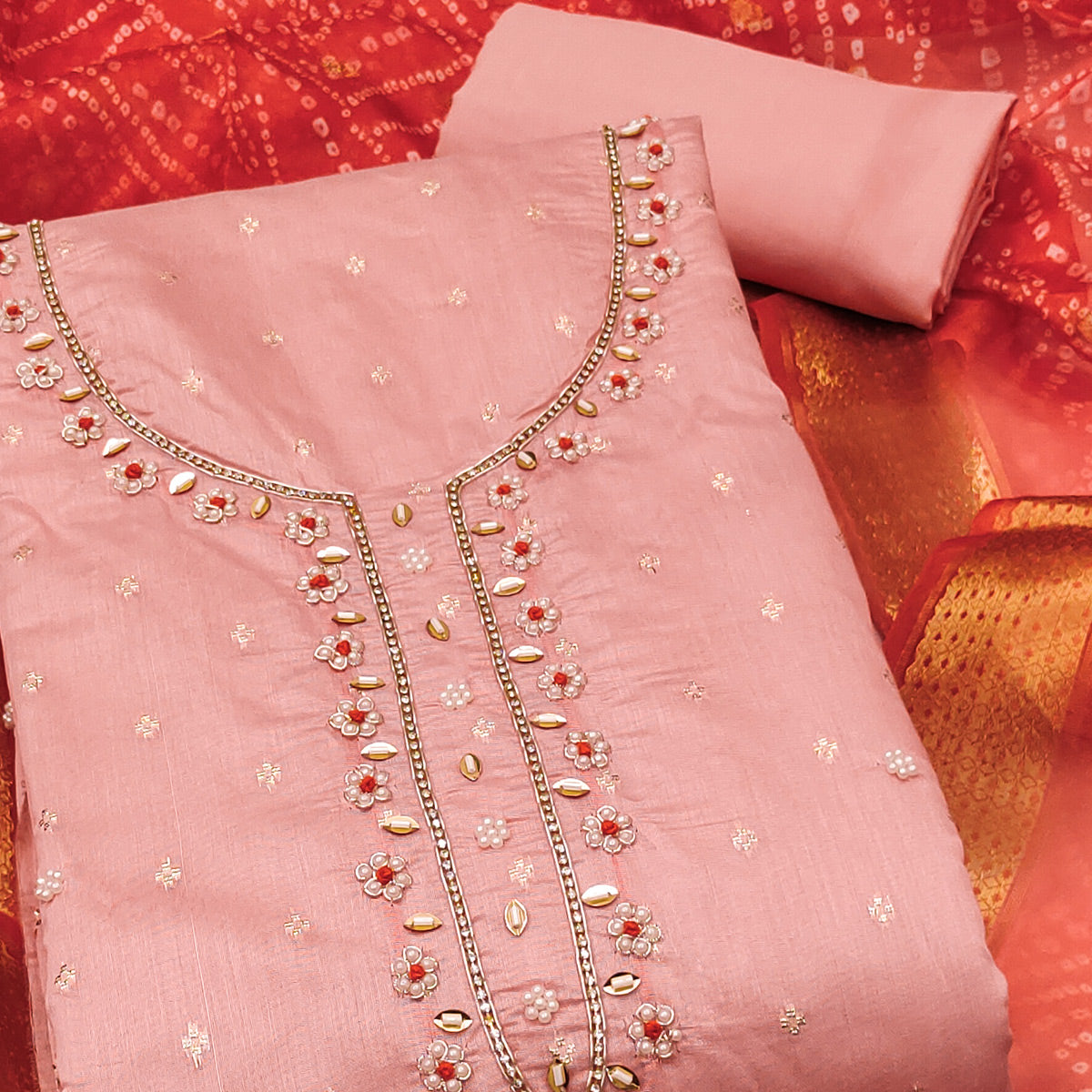 Peach Woven Banarasi Cotton Silk Dress Material with Artistic Bead Work and Classic Texture