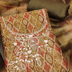 Green Ikkat Printed Shimmer Cotton Silk Unstitched Dress Material with Elegant Beads Work