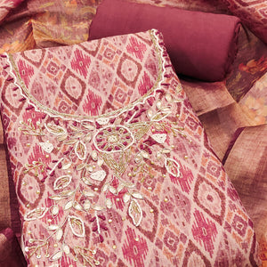 Mauve Ikkat Printed Shimmer Cotton Silk Unstitched Dress Material with Elegant Beads Work