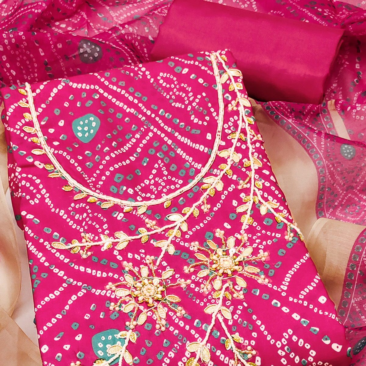 Pink Bandhani Print Unstitched Dress Material with Beautiful Gotta Patti Work for Festive Wear
