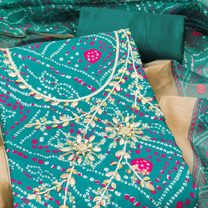 Rama Green Bandhani Print Unstitched Dress Material with Beautiful Gotta Patti Work for Festive Wear