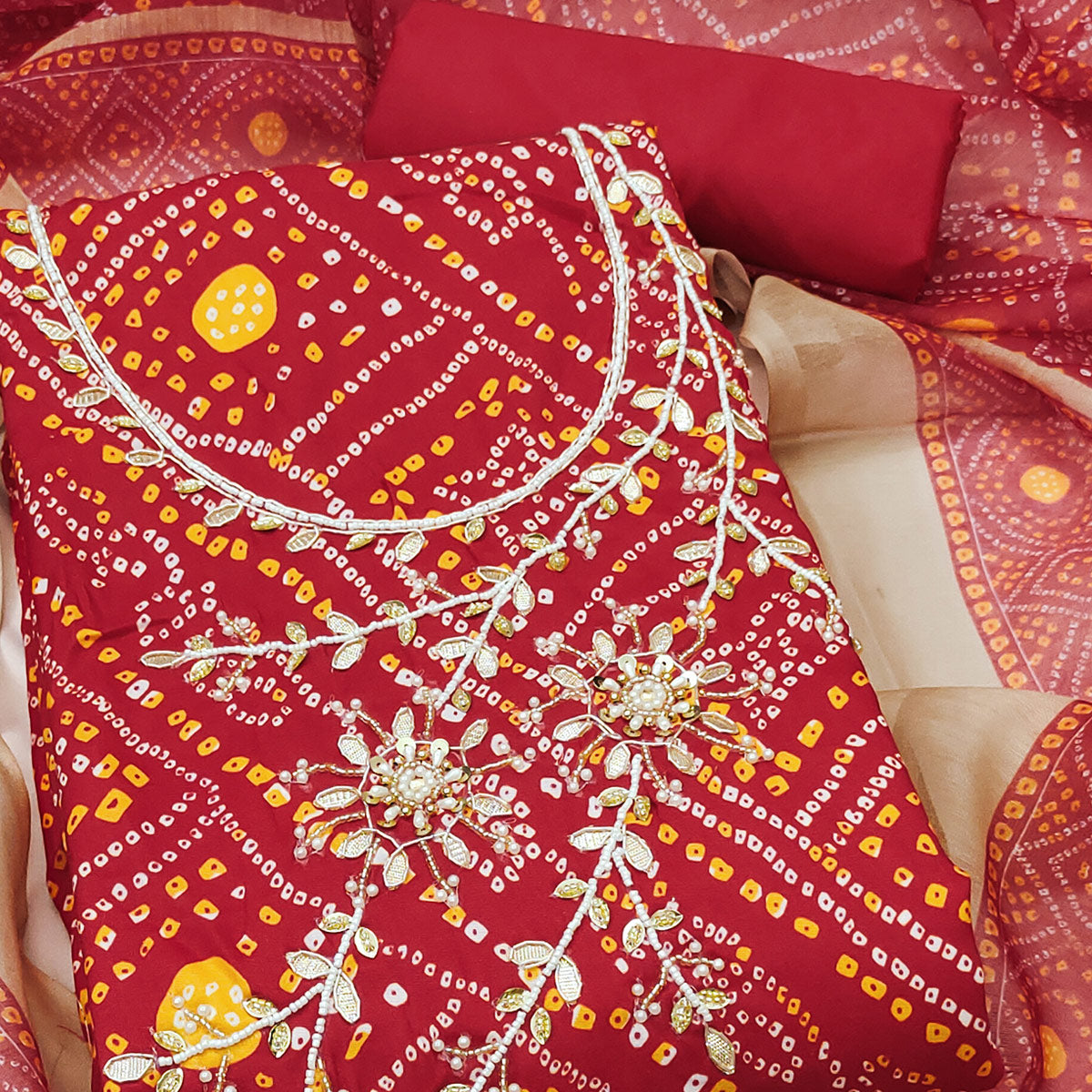Red Bandhani Print Unstitched Dress Material with Beautiful Gotta Patti Work for Festive Wear