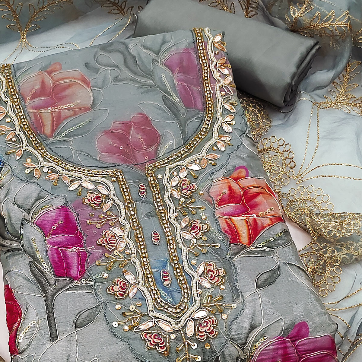 Grey Floral Printed Organza Suit Fabric Adorned with Delicate Hand Beads Work