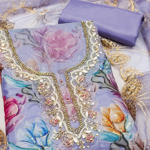 Lavender Floral Printed Organza Suit Fabric Adorned with Delicate Hand Beads Work
