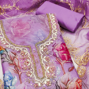 Purple Floral Printed Organza Suit Fabric Adorned with Delicate Hand Beads Work