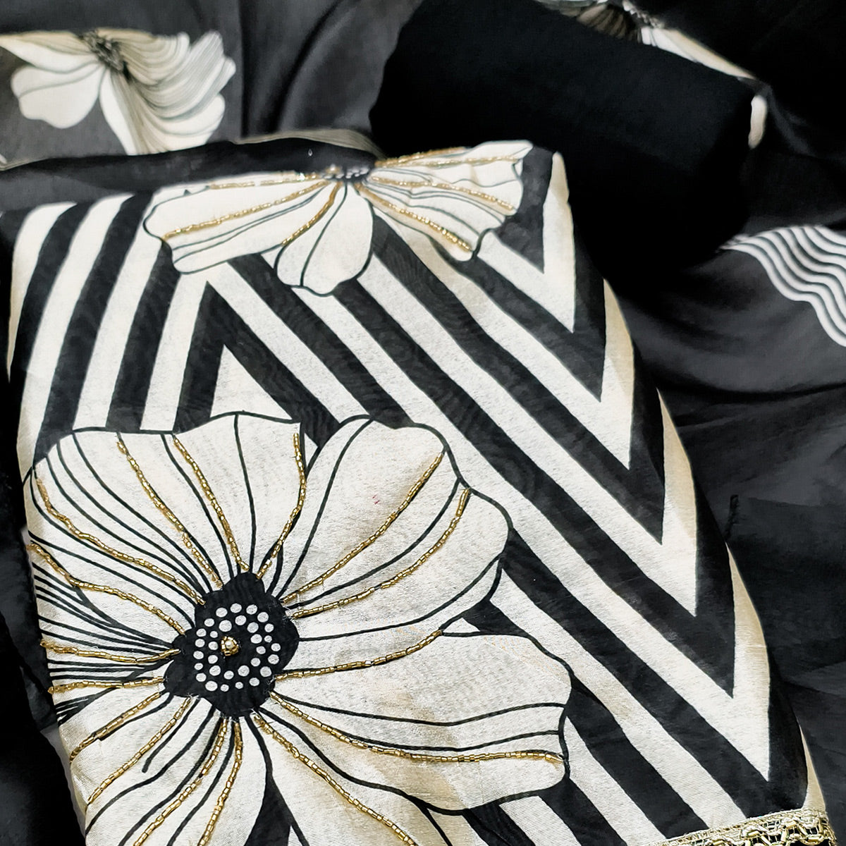 Black Digital Printed Cotton Silk Dress Material Featuring Floral & Zig Zag Patterns With Handwork