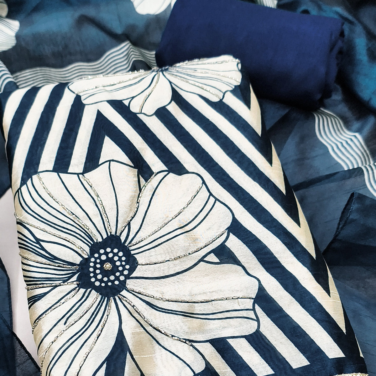 Blue Digital Printed Cotton Silk Dress Material Featuring Floral & Zig Zag Patterns With Handwork