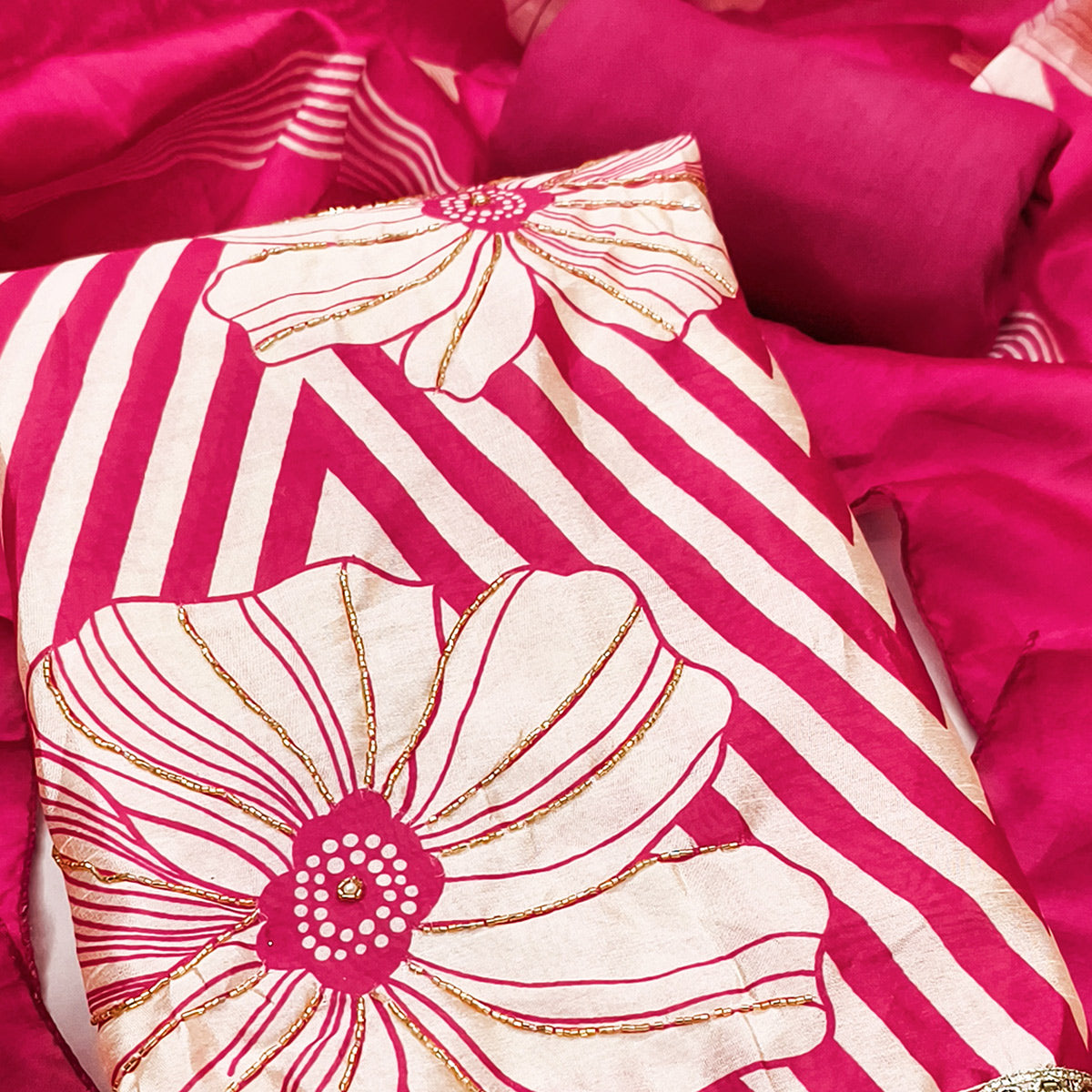 Pink Digital Printed Cotton Silk Dress Material Featuring Floral & Zig Zag Patterns With Handwork