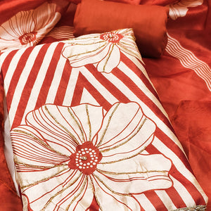 Rust Digital Printed Cotton Silk Dress Material Featuring Floral & Zig Zag Patterns With Handwork