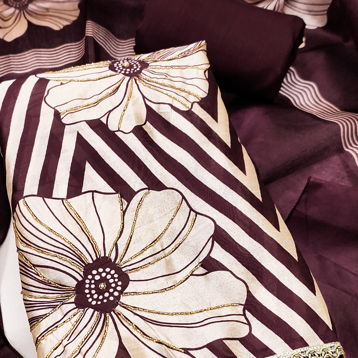 Wine Digital Printed Cotton Silk Dress Material Featuring Floral & Zig Zag Patterns With Handwork