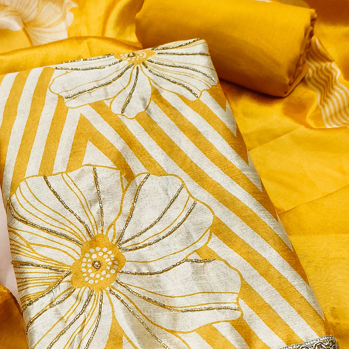 Yellow Digital Printed Cotton Silk Dress Material Featuring Floral & Zig Zag Patterns With Handwork