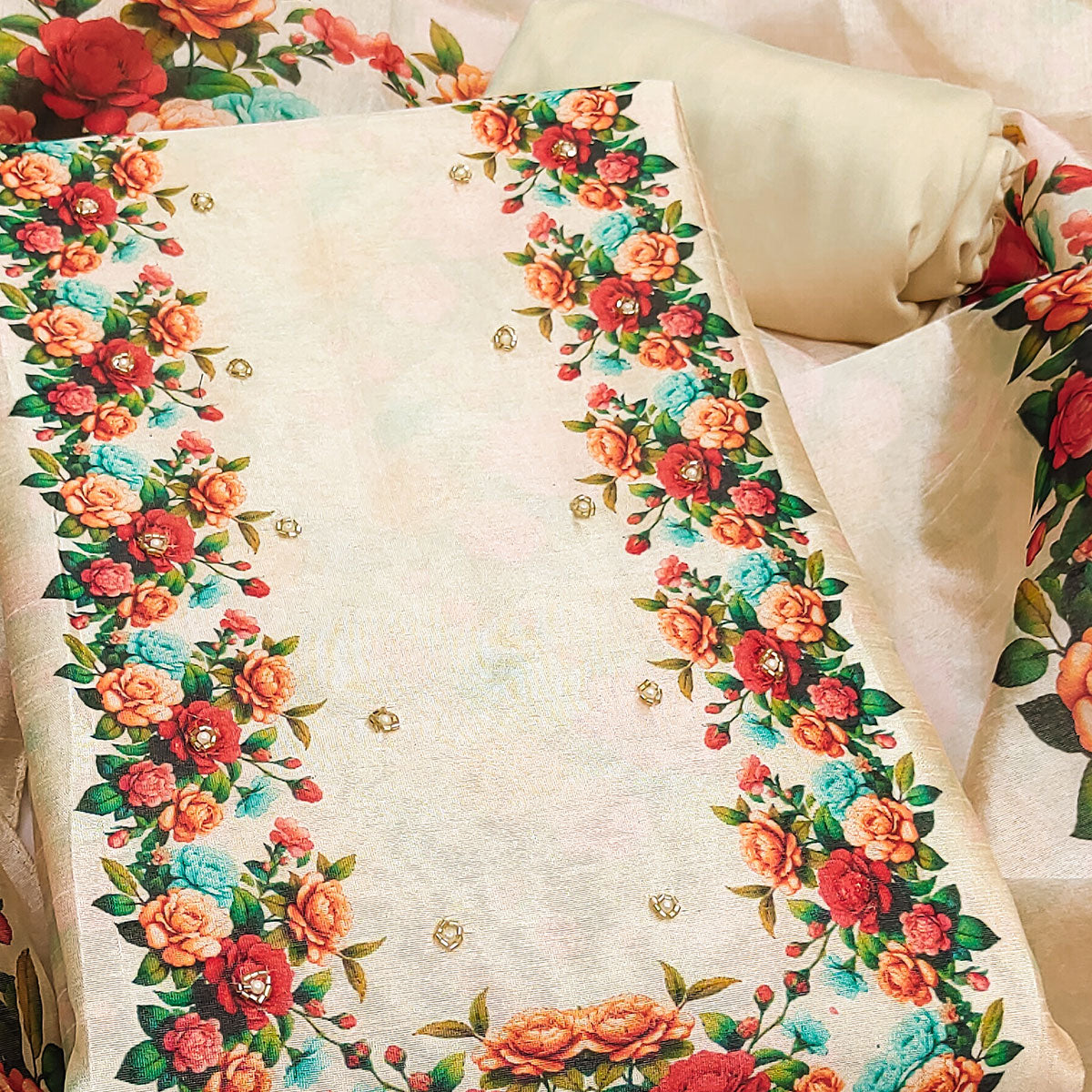 Premium Cream Floral Digital Printed Cotton Silk Dress Material With Moti Handwork