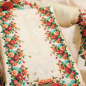 Premium Cream Floral Digital Printed Cotton Silk Dress Material With Moti Handwork