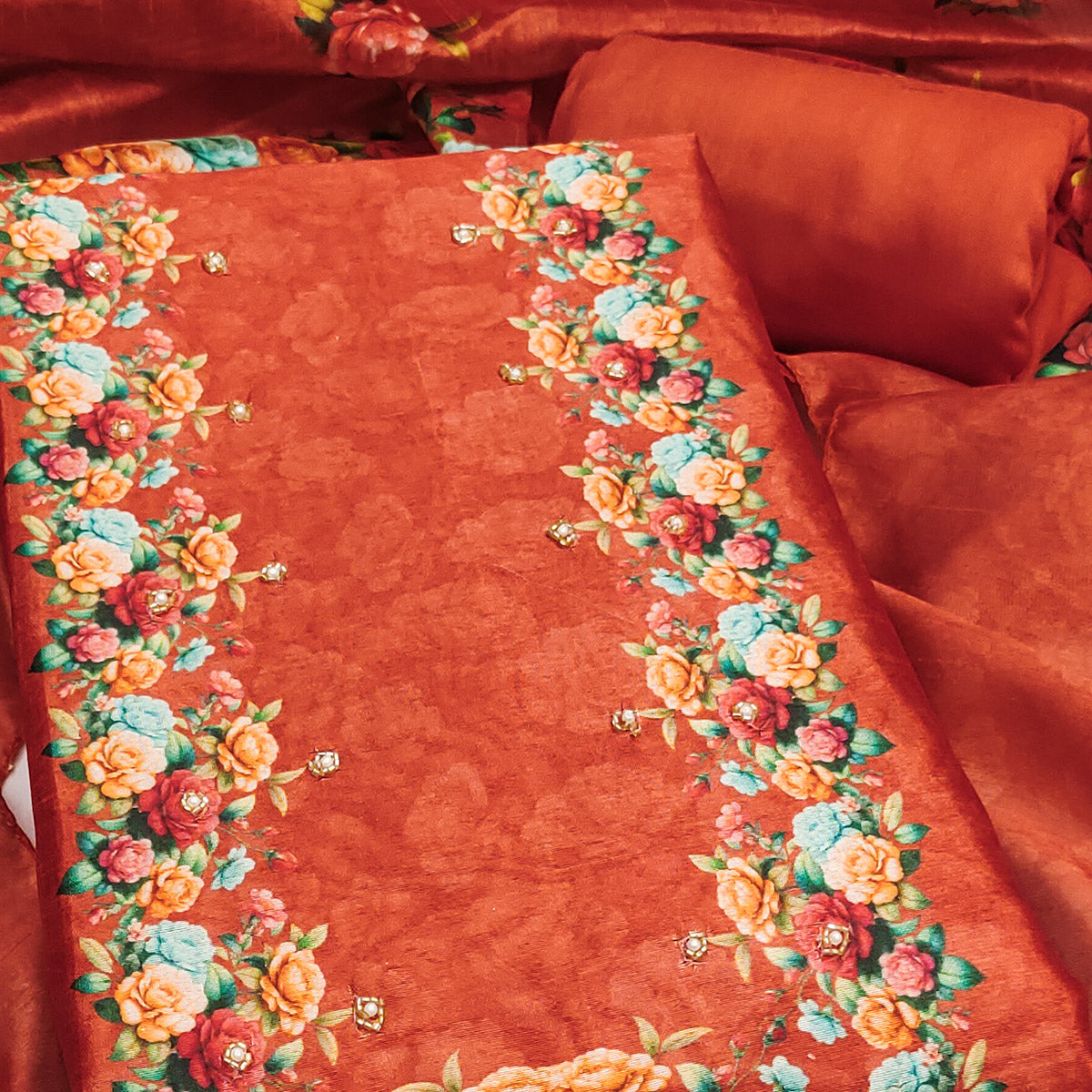 Premium Rust Floral Digital Printed Cotton Silk Dress Material With Moti Handwork