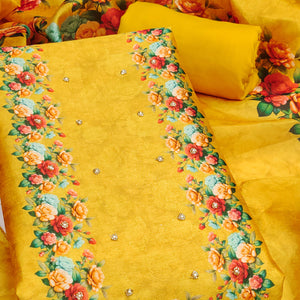 Premium Yellow Floral Digital Printed Cotton Silk Dress Material With Moti Handwork