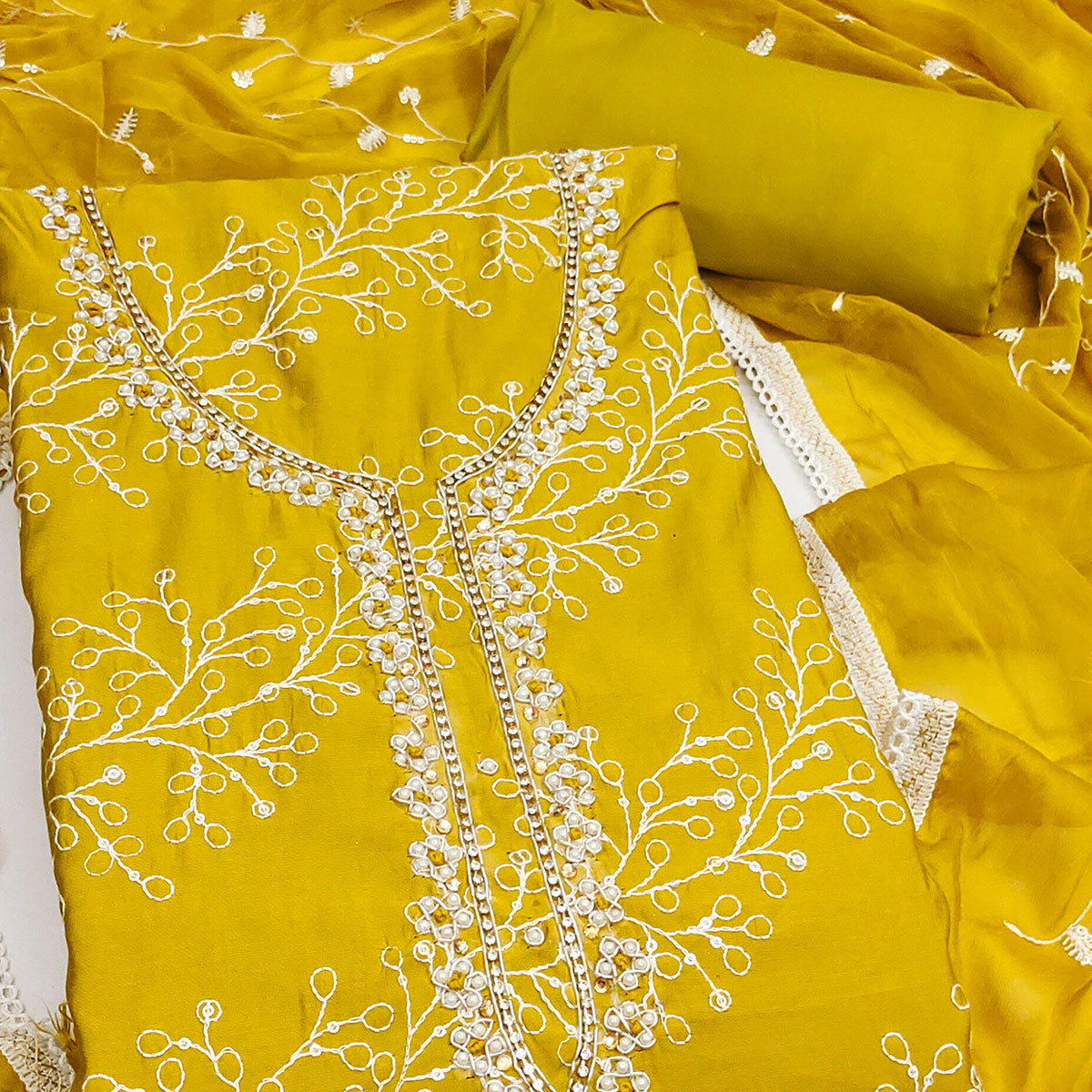 Exclusive Dark Mustard Floral Embroidery Cotton Silk Dress Material Enhanced With Moti & Sequin Work