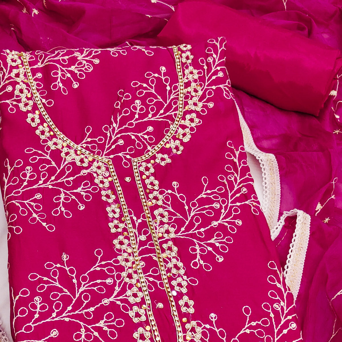 Exclusive Rani Pink Floral Embroidery Cotton Silk Dress Material Enhanced With Moti & Sequins Work
