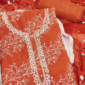 Exclusive Rust Floral Embroidery Cotton Silk Dress Material Enhanced With Moti & Sequins Work