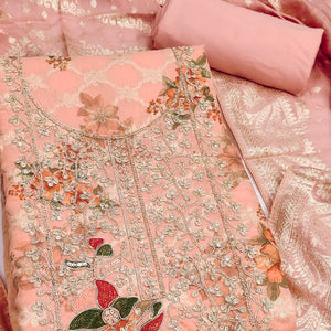 Designer Peach Floral Weaving Banarasi Silk Dress Material With Intricate Cording Embroidery