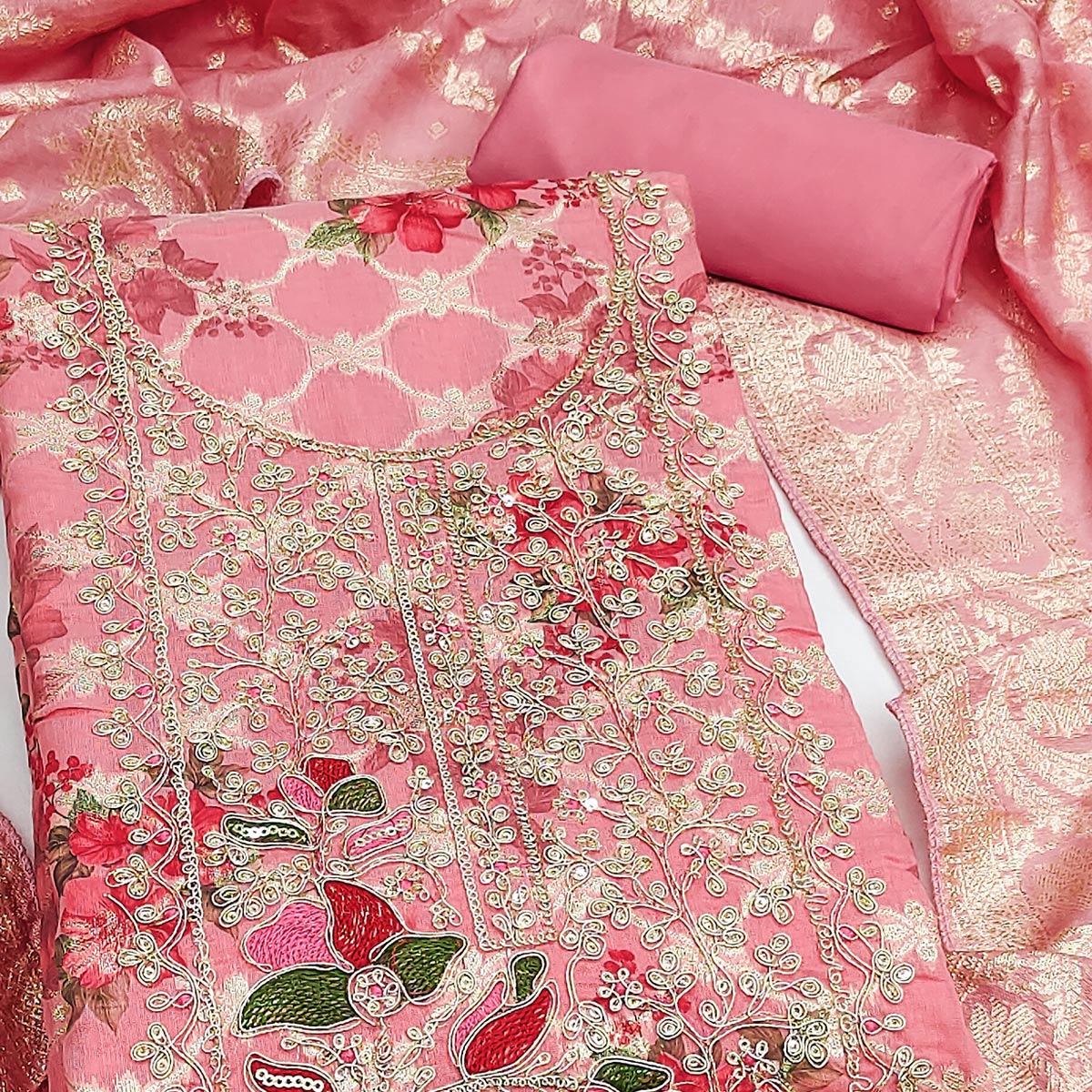 Designer Pink Floral Weaving Banarasi Silk Dress Material With Intricate Cording Embroidery