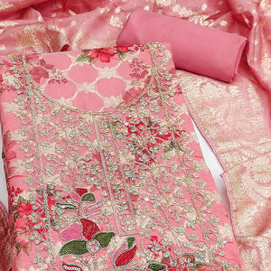 Designer Pink Floral Weaving Banarasi Silk Dress Material With Intricate Cording Embroidery