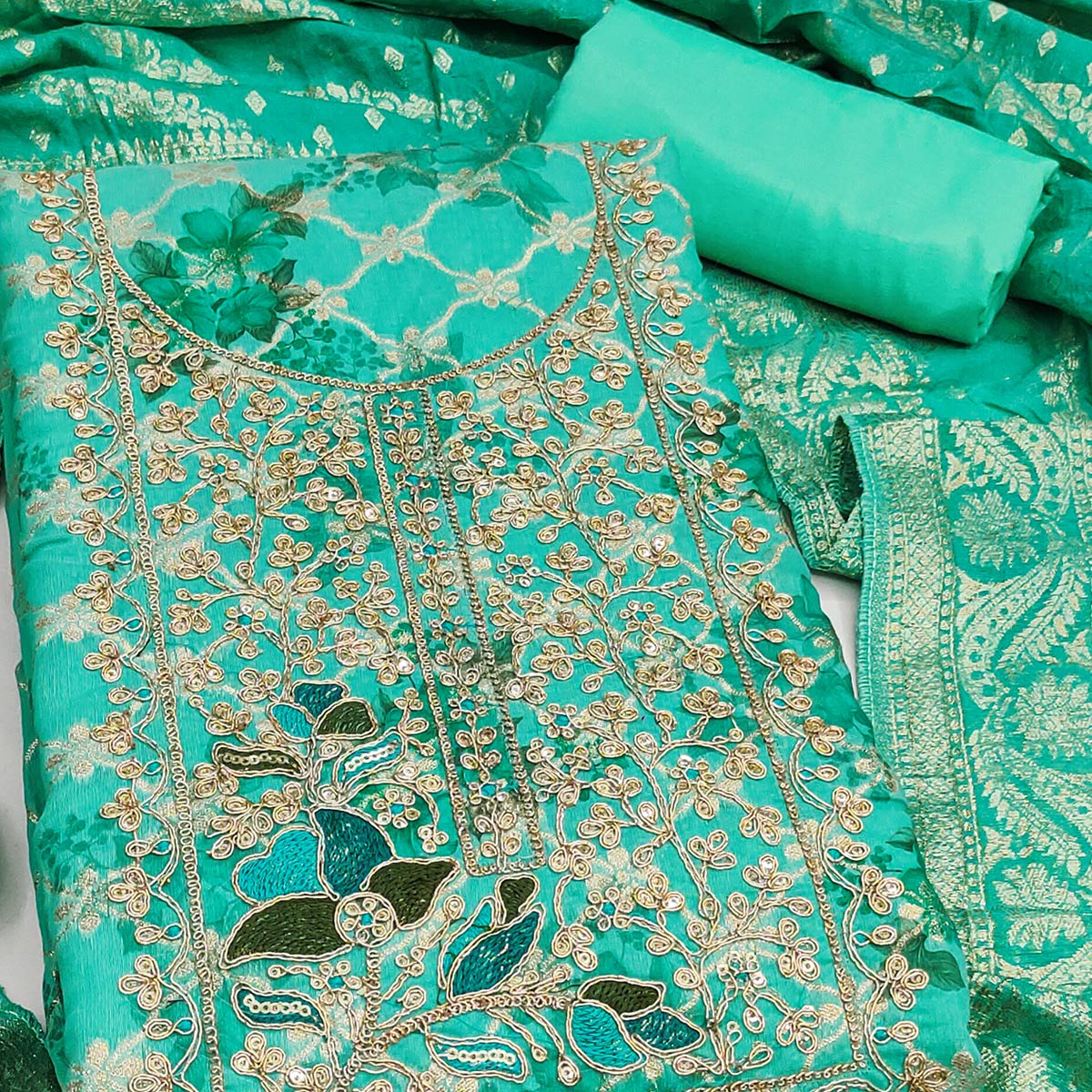 Designer Turquoise Floral Weaving Banarasi Silk Dress Material With Intricate Cording Embroidery