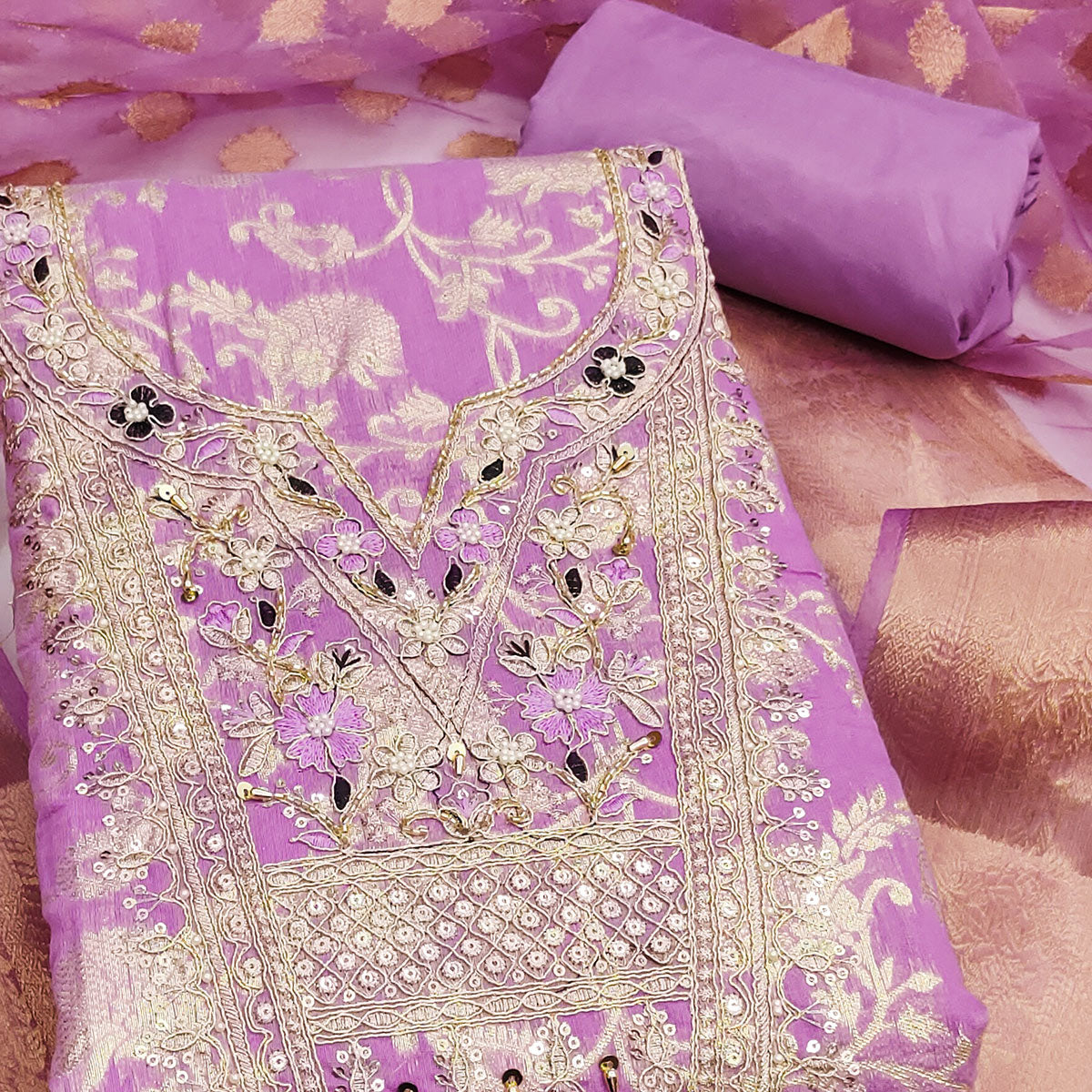 Lavender Banarasi Silk Dress Material Featuring Floral Weaving With Cording & Sequins Embroidery
