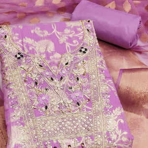 Lavender Banarasi Silk Dress Material Featuring Floral Weaving With Cording & Sequins Embroidery