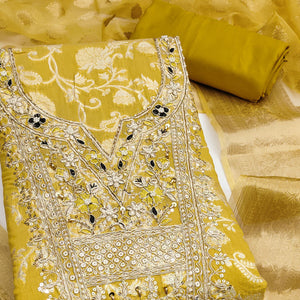 Mustard Banarasi Silk Dress Material Featuring Floral Weaving With Cording & Sequins Embroidery
