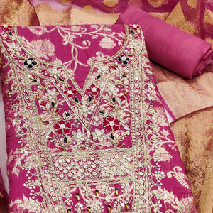 Pink Banarasi Silk Dress Material Featuring Floral Weaving With Cording & Sequins Embroidery