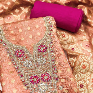 Elegant Peach Floral Weaving & Digital Print Organza Dress Material With Cording Embroidery