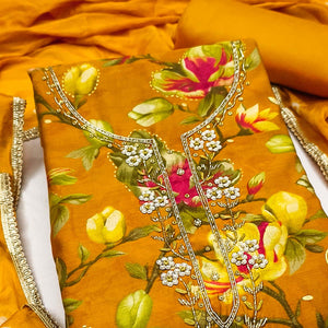 Exclusive Mustard Floral Printed Cotton Silk Dress Material Adorned With Beads & Moti Handwork