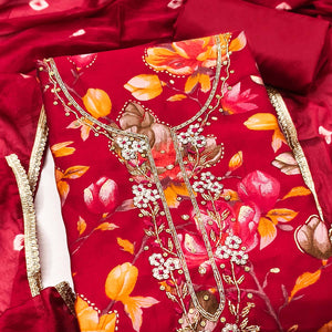 Exclusive Red Floral Printed Cotton Silk Dress Material Adorned With Beads & Moti Handwork