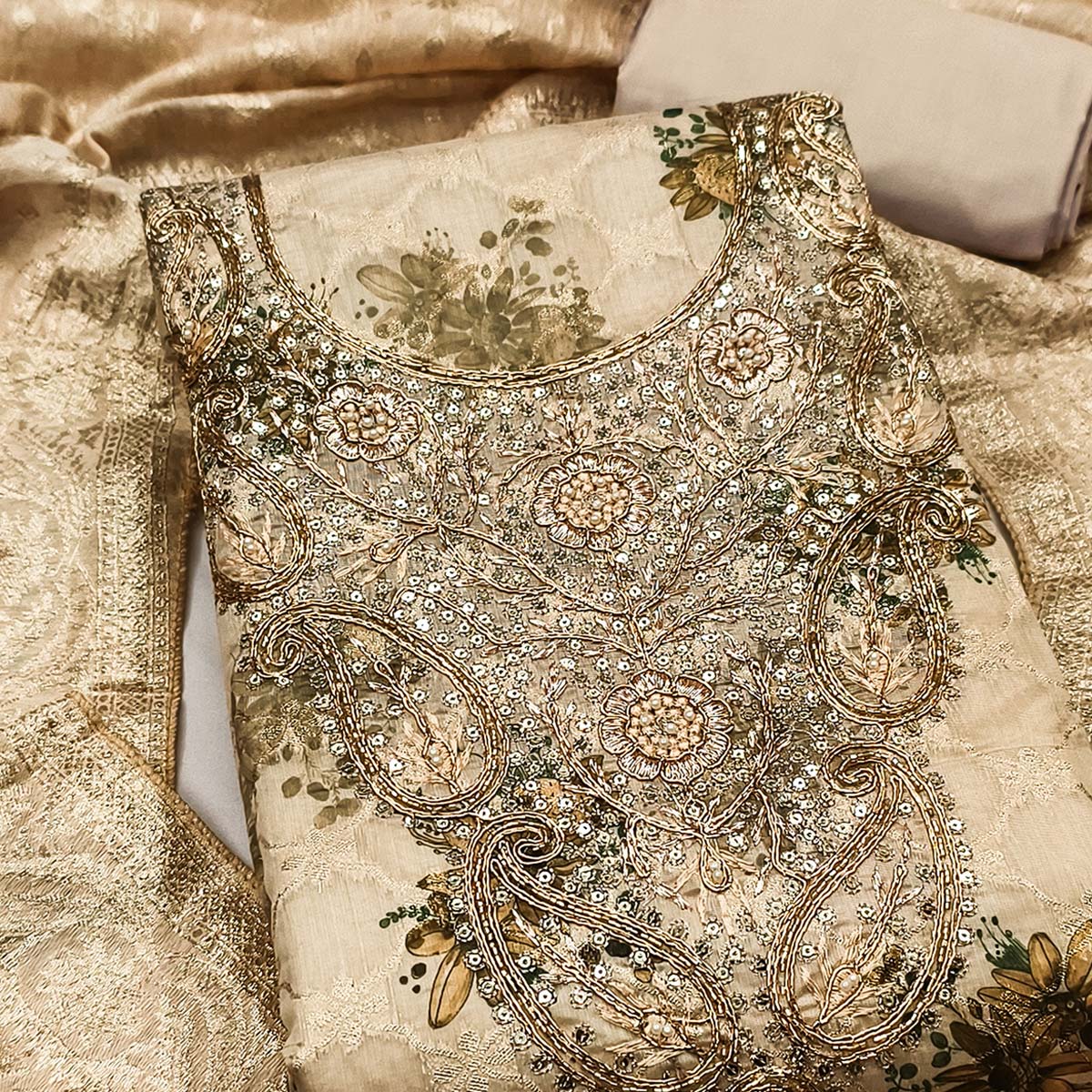 Beige Floral Weaving & Digital Printed Banarasi Silk Dress Material With Cording Embroidery