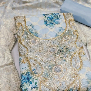 Blue Floral Weaving & Digital Printed Banarasi Silk Dress Material With Cording Embroidery