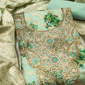 Green Floral Weaving & Digital Printed Banarasi Silk Dress Material With Cording Embroidery