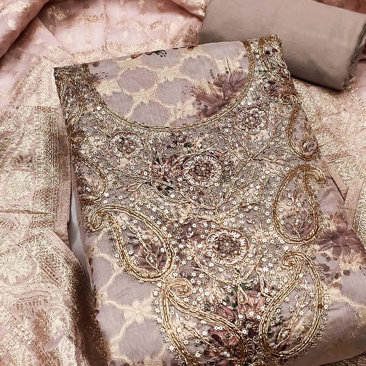 Pastel Mauve Floral Weaving & Digital Printed Banarasi Silk Dress Material With Cording Embroidery