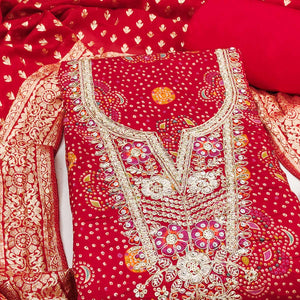 Premium Red Bandhani Print Cotton Silk Dress Material Featuring Floral Cording Embroidery Work