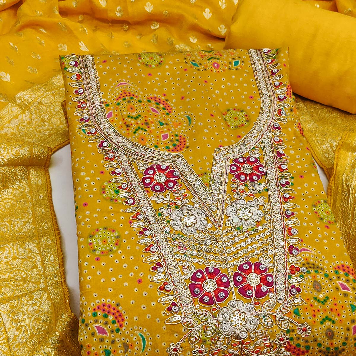 Premium Yellow Bandhani Print Cotton Silk Dress Material Featuring Floral Cording Embroidery Work
