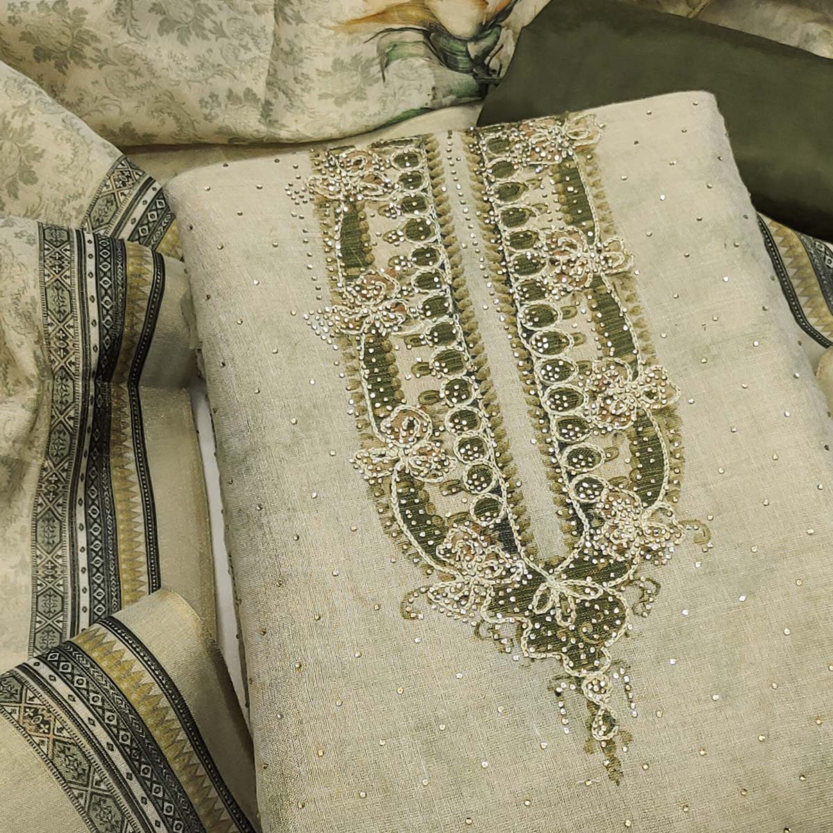 Exclusive Green Floral Print Shimmer Dress Material Adorned With Swarovski Embellishments