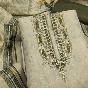 Exclusive Green Floral Print Shimmer Dress Material Adorned With Swarovski Embellishments