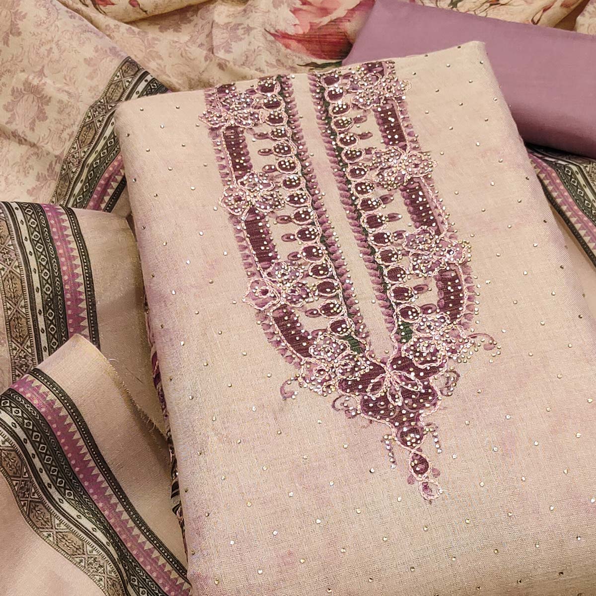 Exclusive Mauve Floral Print Shimmer Dress Material Adorned With Swarovski Embellishments