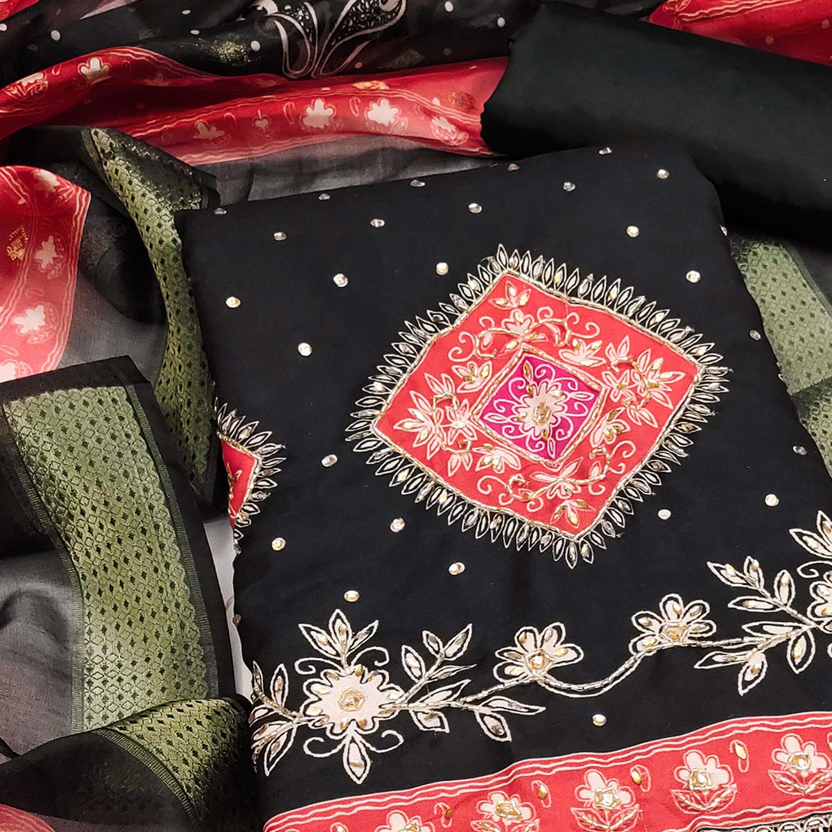 Classic Black Floral Digital Printed With Stone Work Rayon Dress Material