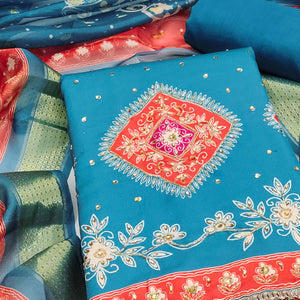 Classic Blue Floral Digital Printed With Stone Work Rayon Dress Material