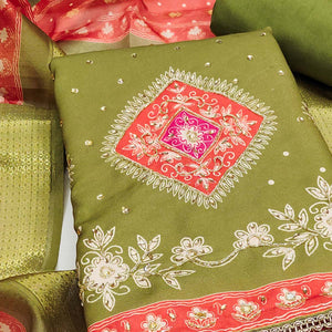 Classic Green Floral Digital Printed With Stone Work Rayon Dress Material