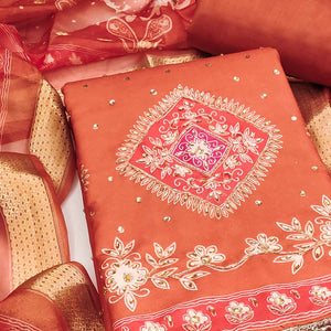 Classic Orange Rust Floral Digital Printed With Stone Work Rayon Dress Material