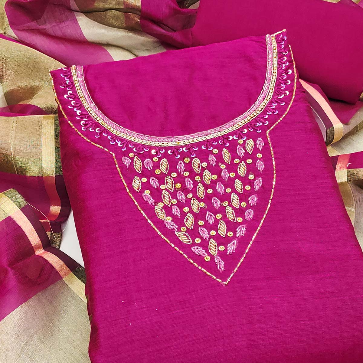 Elegant Pink Beads & Sequins Handwork Chanderi Cotton Dress Material With Weaving Striped Pattern