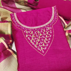 Elegant Pink Beads & Sequins Handwork Chanderi Cotton Dress Material With Weaving Striped Pattern