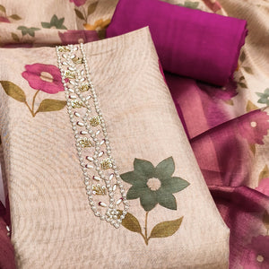 Beige & Magenta Digital Floral Printed Shimmer Dress Material With Pearl & Cutdana Handwork