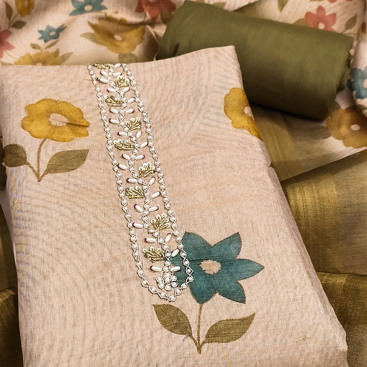 Beige & Mehendi Green Digital Floral Printed Shimmer Dress Material With Pearl & Cutdana Handwork